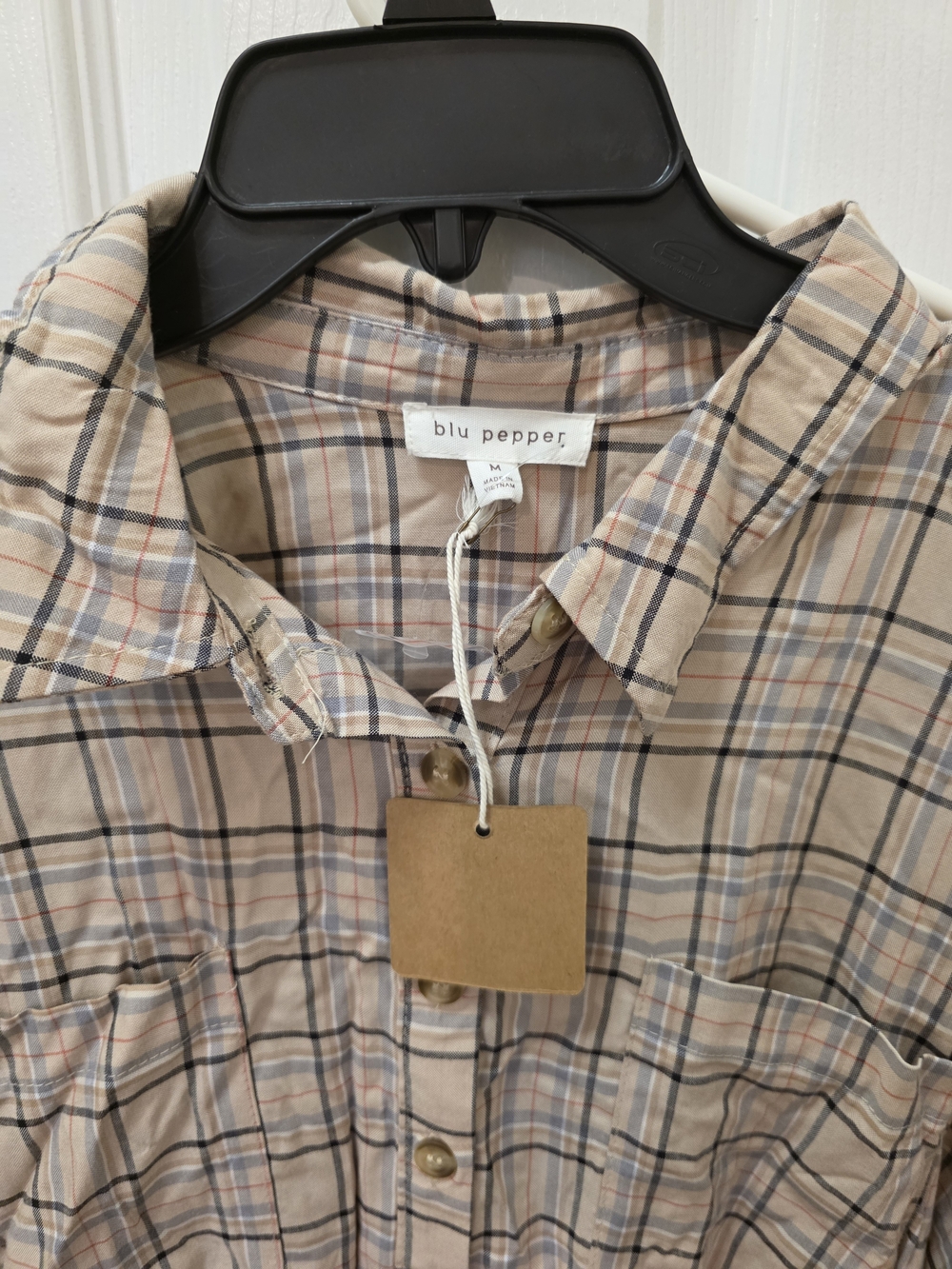 Blu Pepper Beige Plaid Long Sleeve Shirt Dress - Picture 2 of 3